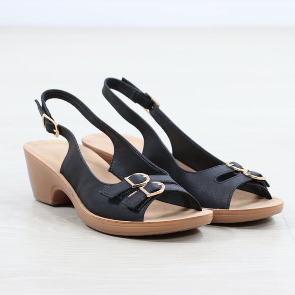 Black Slingback Wedge Sandals Women’s Open Toe Gold Buckle Comfort 2” Heel - Picture 15 of 16